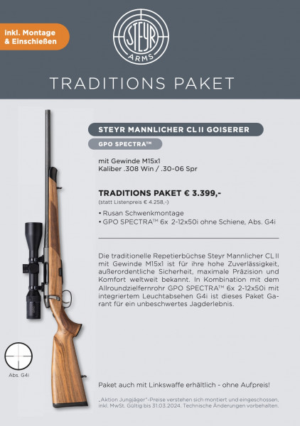 Steyr Traditions Paket Jungjägerpaket CL II SX Goisers .308 Win./.30-06 Spring M15x1