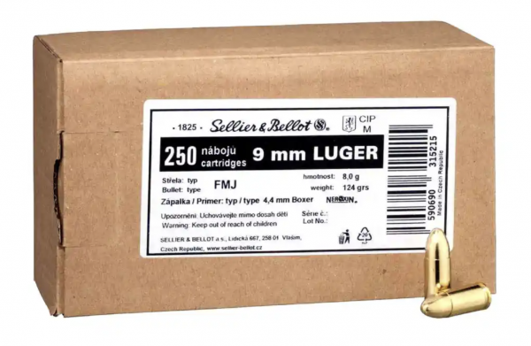 Sellier & Bellot 9mm Luger Vollmantel 8,0g/124grs. 250 Stk.
